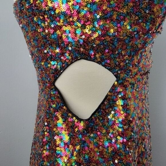 Lulus Magical Night Rainbow Sequin Strapless Cutout Bodycon Mini Dress Large - Picture 8 of 16